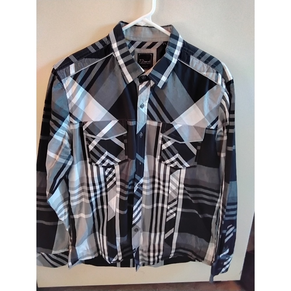 7 Diamonds Mens Plaid Button Down Shirt Black‎ White Grey Long Sleeve Size Large